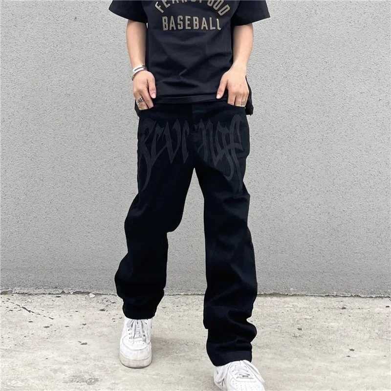 Black Baggy Straight Jeans Mens Streetwear American Vintage Printing Letter Pants Hip-hop Y2K Loose Denim TrousersX241009