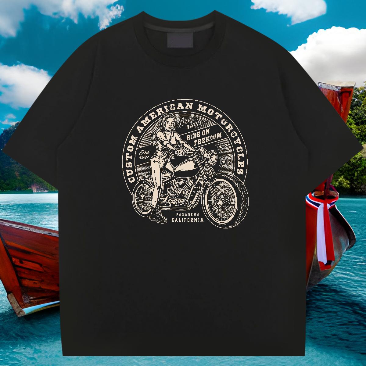 Loose Fit Men T Shirts 100% Cotton 230g Motorcycle High Street Hip Hop Plus Size Cartoon Breathable Crew Neck Men Tshirts Fashion Design Tees Shirts