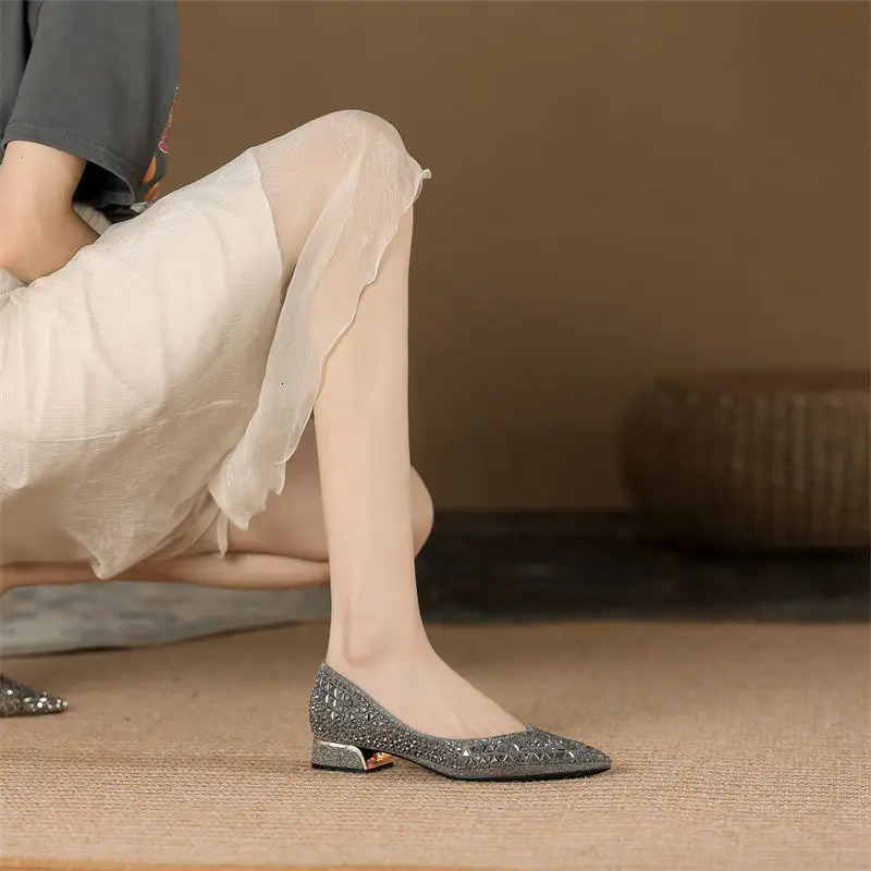 Woman Trafa Shoes Crystal Pumps Low Heeled Party Bride Wedding Shoes Female Sequin Loafers Ladies Dress High Heels 240927