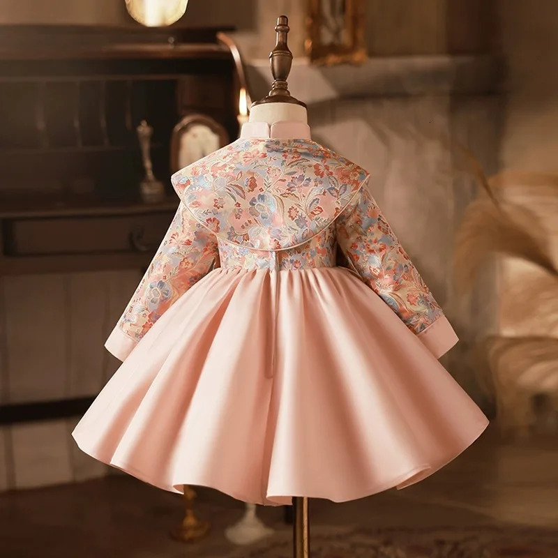 spring and autumn girlss chinese style zhuzhou pink embroidery dress 241008