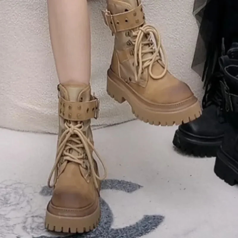 Buckled platform combat boots womens short and chubby high heels lace ankle boots womens side zippers PU leather short boots 241007