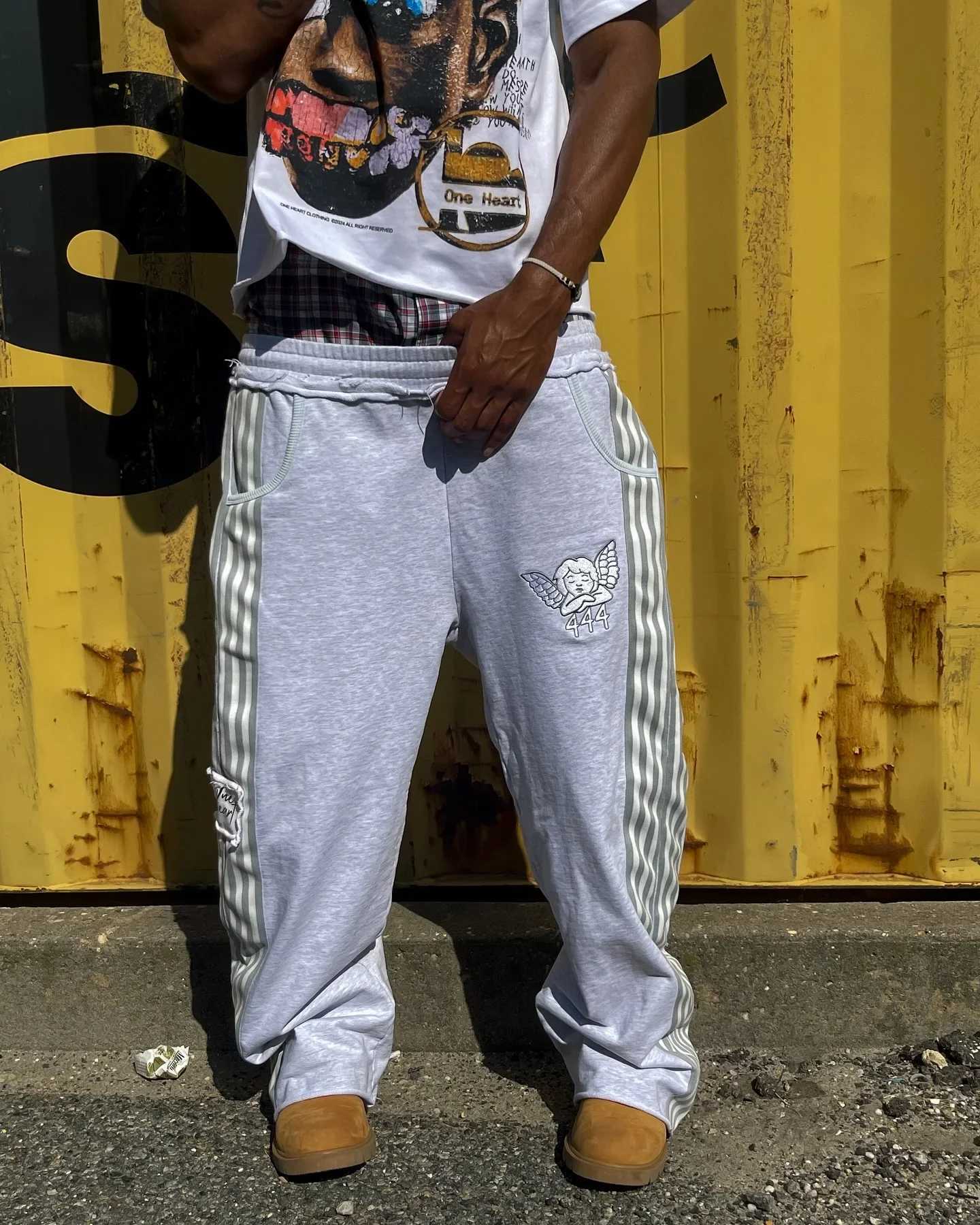 Fashionable Angel Embroidered Elastic Waist Cotton Casual Pants Harajuku Classic Simple Side Striped Mens Running Sports Wear W241009