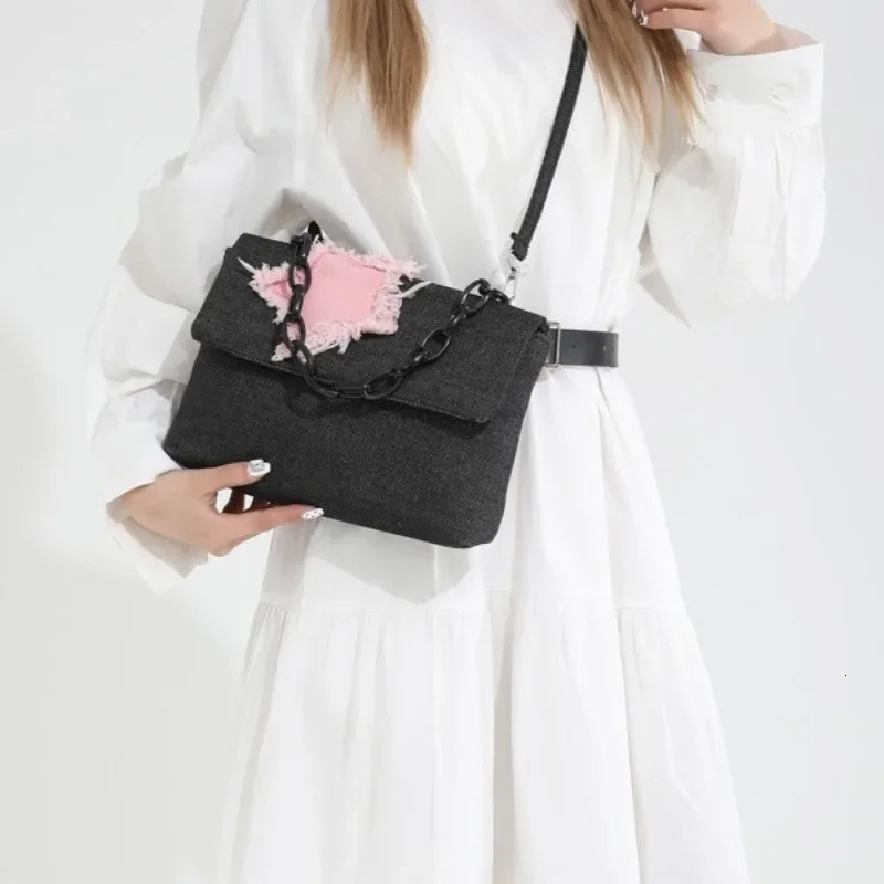 Contrasting Color Fashion denim bag for women shoulder messenger bag Versatile Ins large capacity handbag 241008
