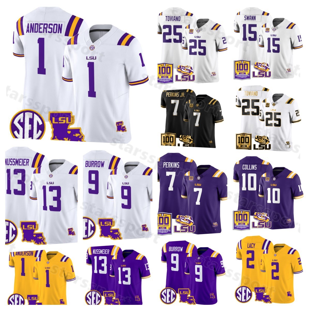 2024 Football jersey LSU 9 Joe Burrow Burreaux Jayden Daniels Garrett Nussmeier Harold Perkins Jr. Will Campbell College 100th Tigers Stadium Football Jersey Wear