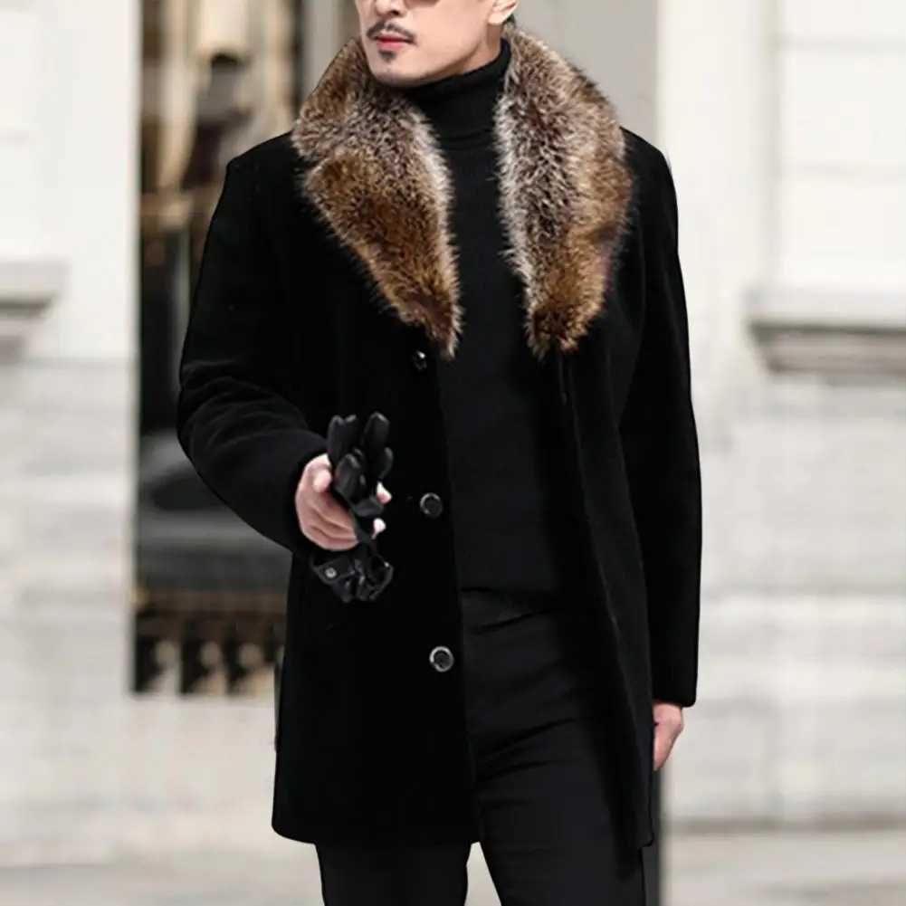 Men Woolen Coat Faux Fur Collar Men Outwear Solid Color Single-breasted Men Jacket Autumn Winter Windbreaker Jacket for Daily LX241010