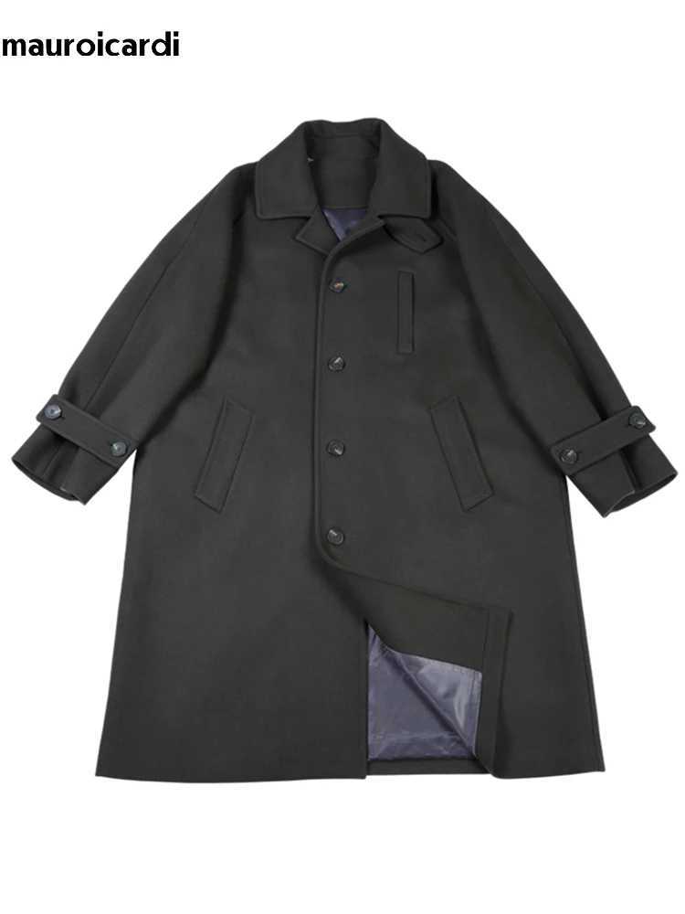Mauroicardi Autumn Winter Long Oversized Windproof ArmyGreen Black Warm Woolen Trench Coat Men Single Breasted Runway Fashion LX241010