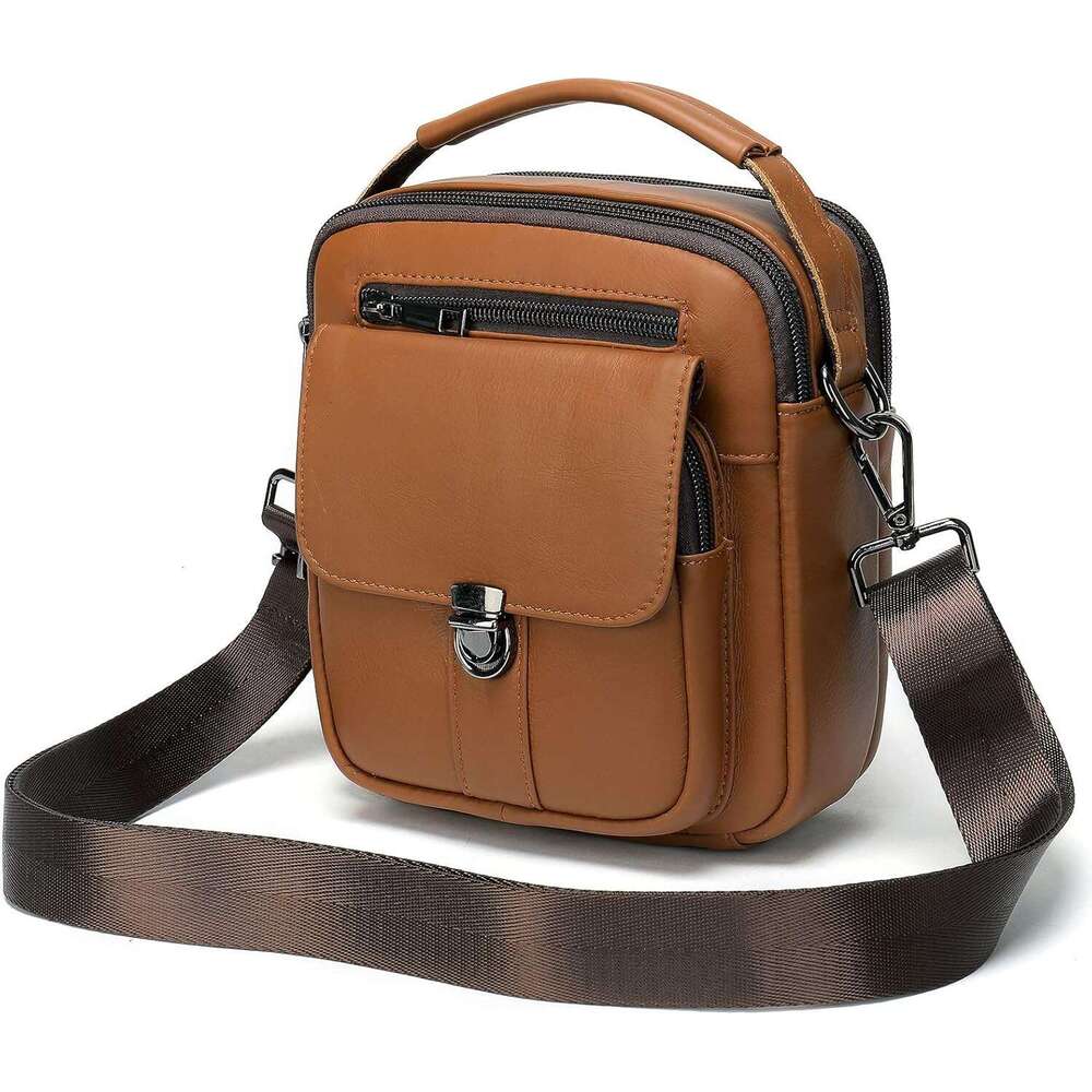 Man Purses Bags Small, Mini Genuine Leather Messenger and Shoulder Bag for Men with lots of Zipper Pockets