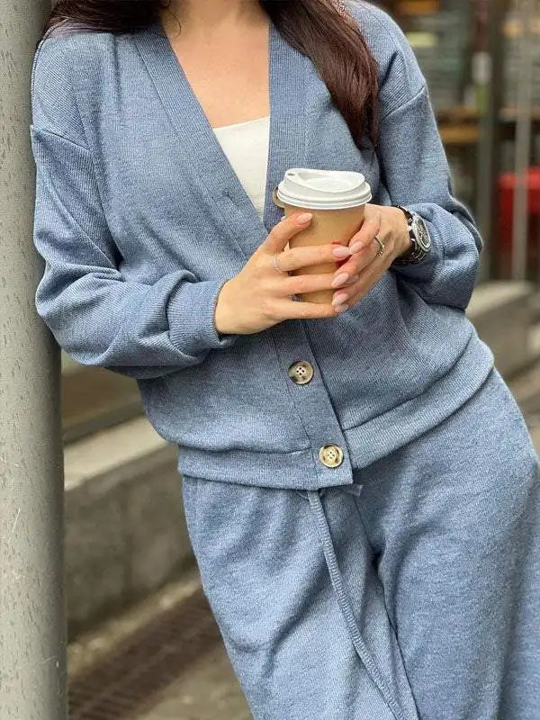 casual womens knitted pants set Vneck long sleeved single chest sweater cardiganlong twopiece 241008