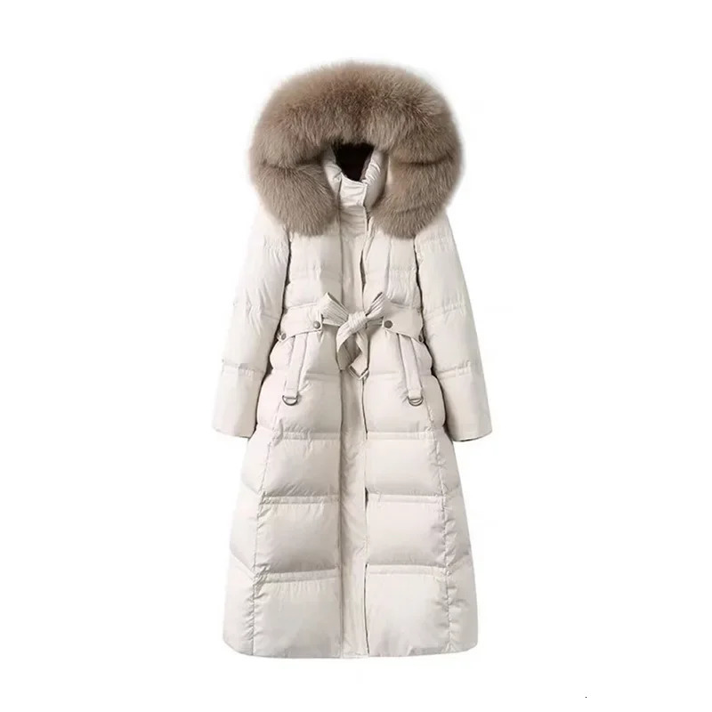 Winter womens thick coat fashionable and luxurious hair collar hooded windproof and warm waist white duck down jacket outerwear 241007