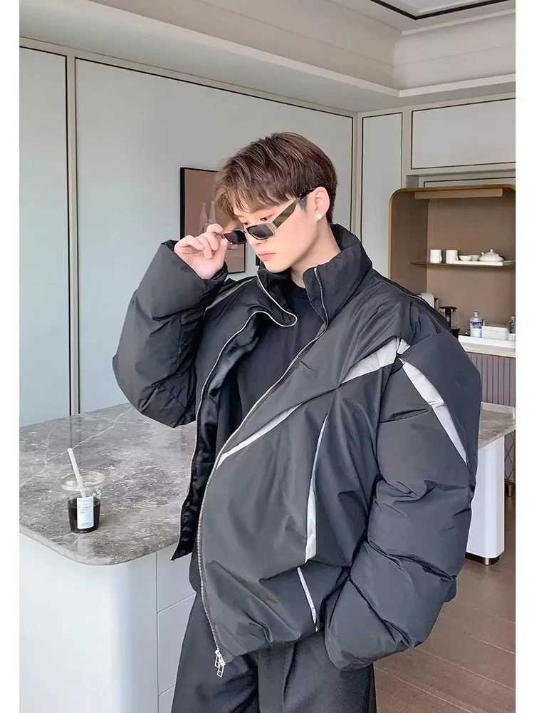 Men's Down Parkas American oversized Parka mens color block pleated paddle jacket high waist loose fit warm zipper jacket winter casual top Y2410