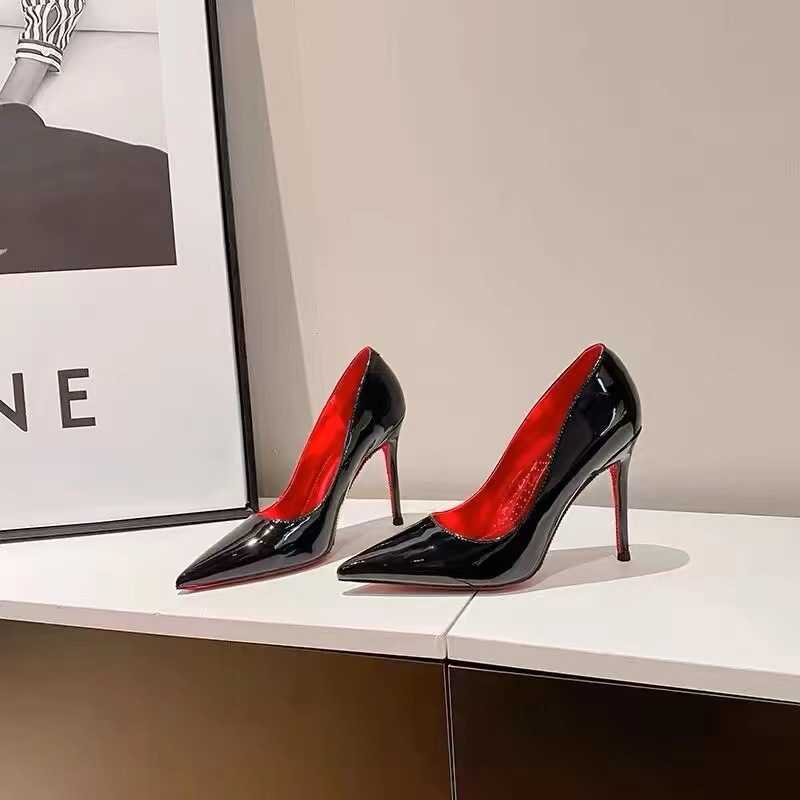 2025 Heels red bottomed shoes loafers kitten heels high heels Side empty red sole black high heels for women new sexy temperament nightclub slim heel 