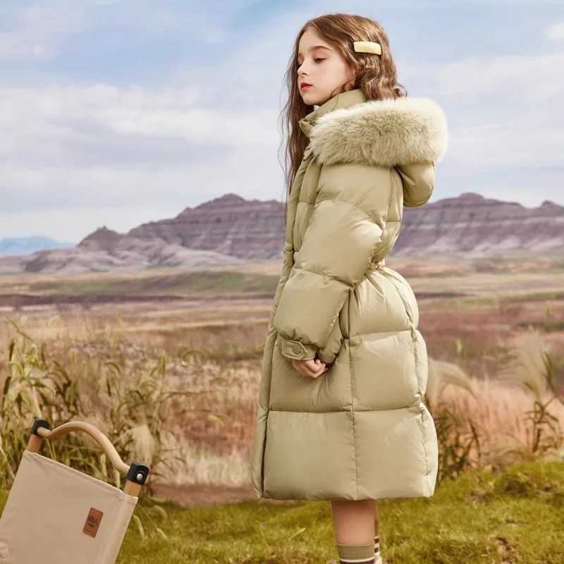 Down Coat 2024 Winter Girl 120-170cm Fashionable Fur Hooded Long Thick Warm Park Comes with a Coat Coat Two tone H241010