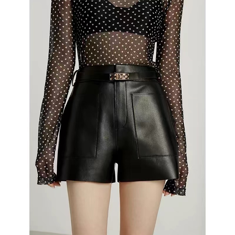 Real Sheepskin Women New Arrival 2024 Casual Genuine Leather Shorts Versatile White Belt Botton Short Mujer Pant