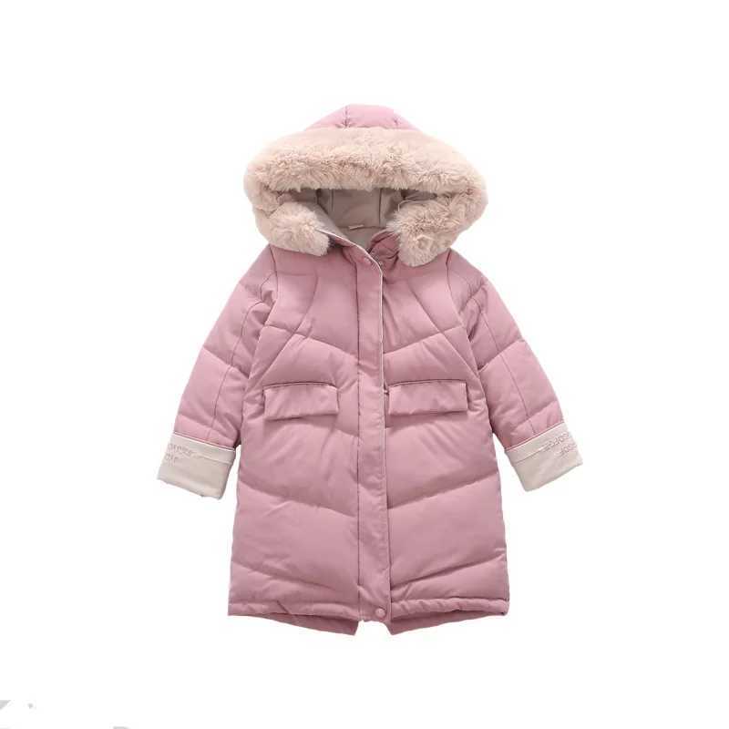 Down Coat 2024 Fashion Childrens Winter Cotton Jacket Girls Clothing Warm Thick Park Fur Collar Hooded Long Coat 3-14Y H241010