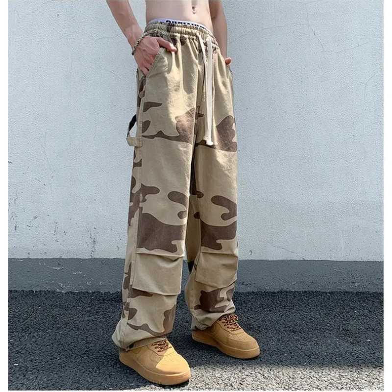American trend retro summer casual cargo pants mens printed elastic waist pull rod high street loose wide leg mens W241009