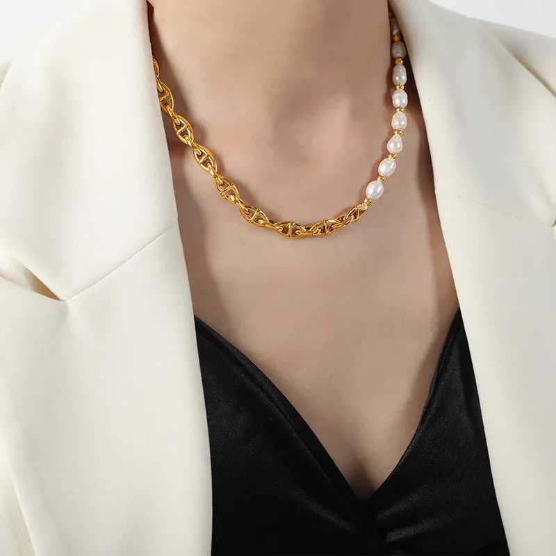 Naturally Freshwater Pearl Necklace Womens Stainless Steel Gold Plated Chain Girl Statement Necklace Luxury Designer JewelryX241009