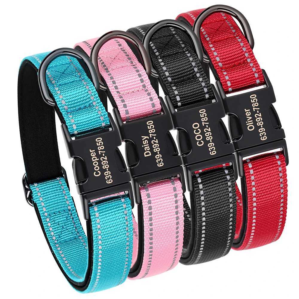 Reflective personalized with engraved ID nylon cushioned dog collar that can be adjusted for small medium and large dogs Y250325