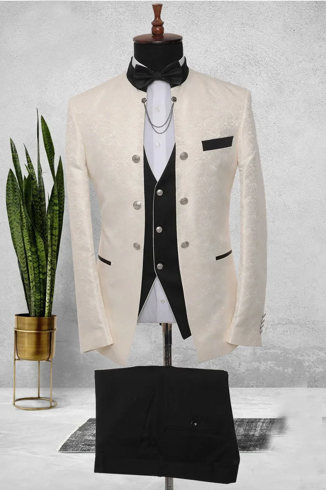 Floral Suits for Men with Stand Collar Double Breasted Formal Wedding Tuxedo Custom Fashion Costume 2024 (Jacket + Vest + Pants)