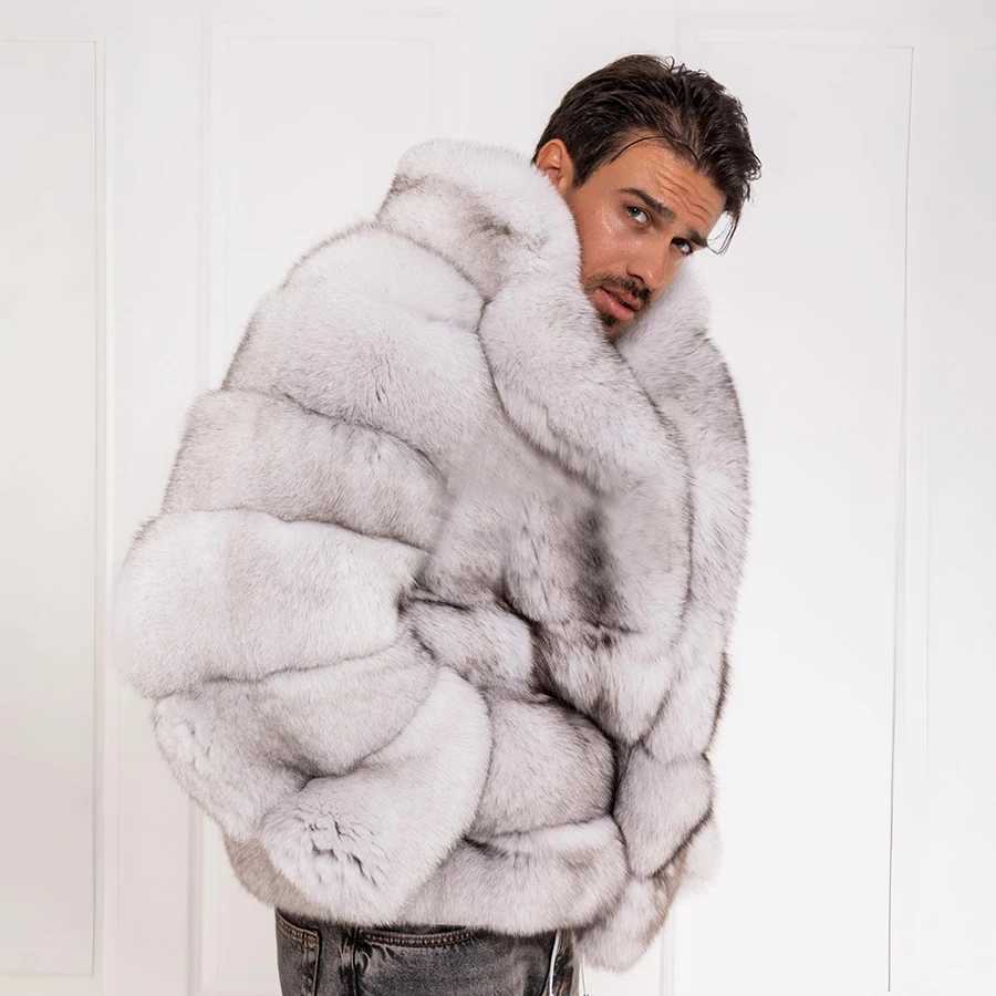 Real Fur Coat Mens Natural Fox Fur Coats Transition Collar Luxury Winter Mens Coat High Quality Warm Blue Fox W241009