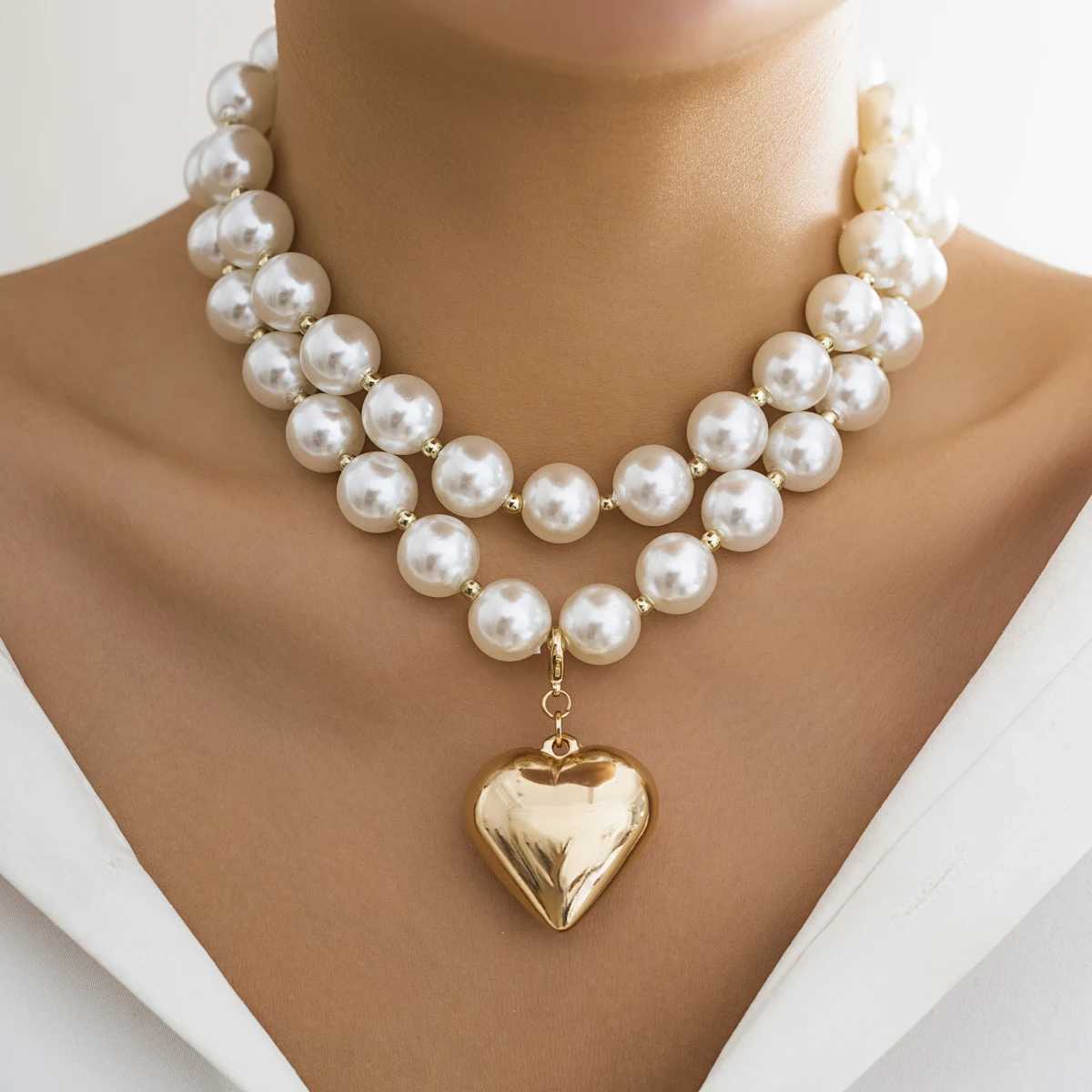 Lacteo Exaggerated Imitation Pearl Beads Necklace for Women CCB Big Heart Pendant Choker Jewelry On The Neck Collar Party GirlsX241009
