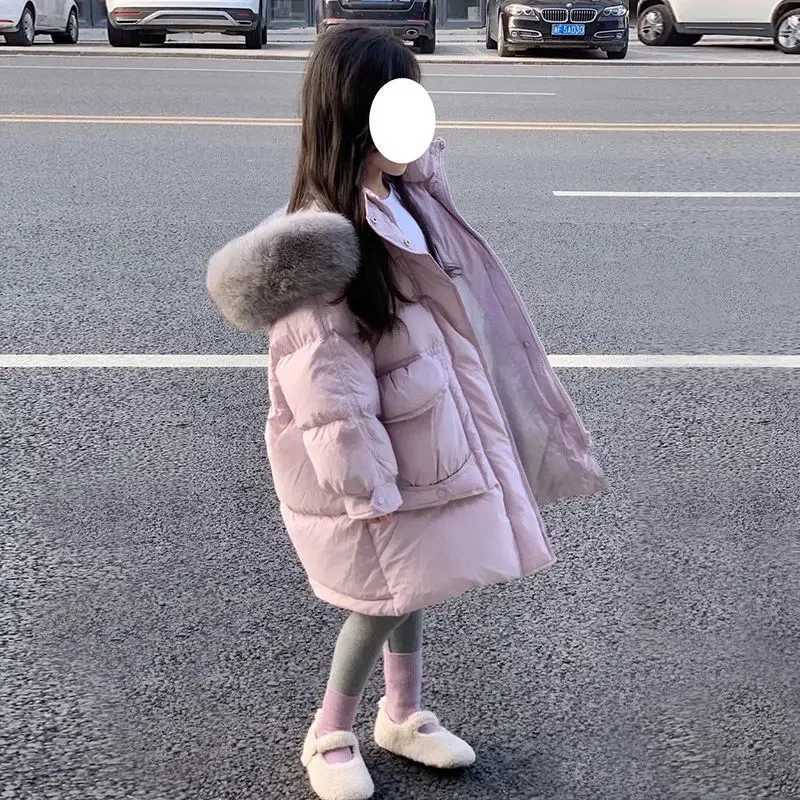 Down Coat Girl Parkas fur collar hooded childrens cotton lined clothes 2024 new thick warm solid color jacket Parkas H241010