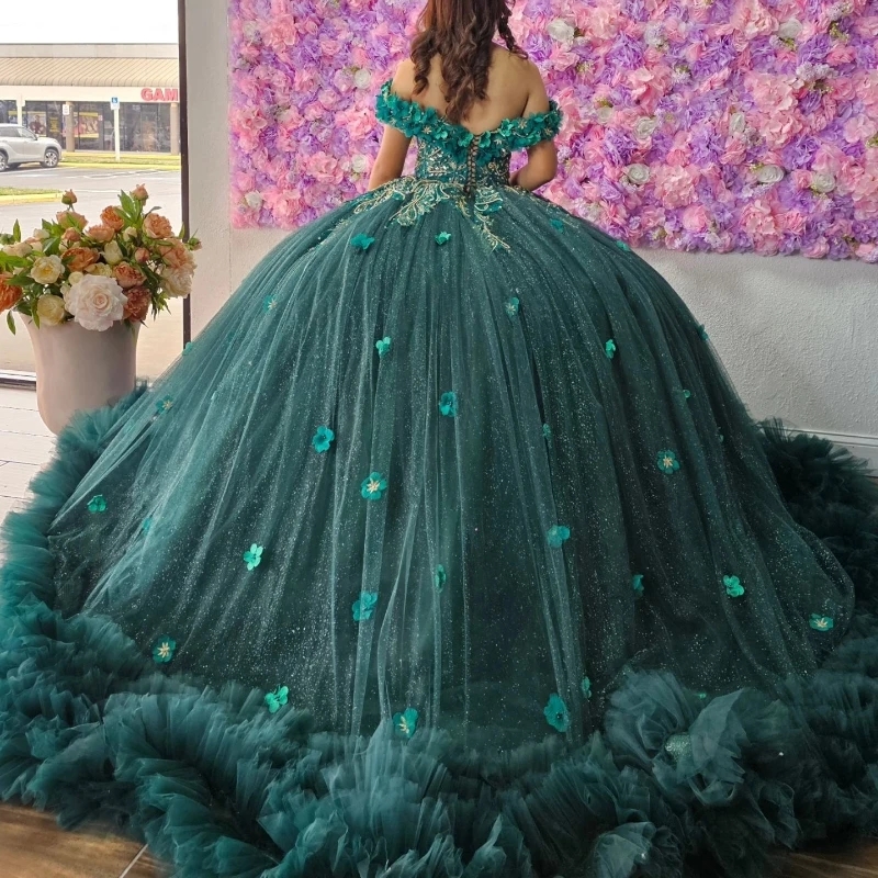 Luxury Blackish Green Quinceanera Dresses 3D Flowers Applique Beads Tull Tiered Princess Ball Gown Sweet 16 Vestidos 15 De XV Anos