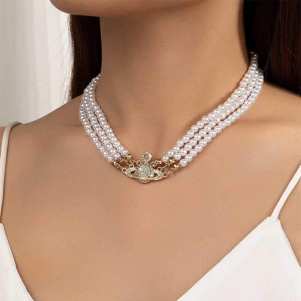 Vintage Gold-plate Crystal Earth Pendant Necklace For Women Female Fashion Boho Baroque Multilevel Imitation Pearl Chain JewelryX241009