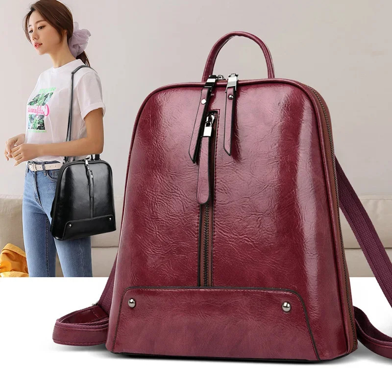 Womens leather backpack fashionable wallet womens travel shoulder bag large capacity school 241008