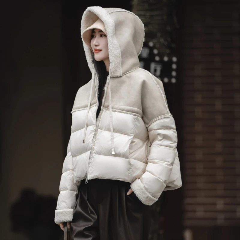 Winter womens jacket PU leather Lambswool patch work white duck down fashionable thick warm jacket loose with hood jacket 241009