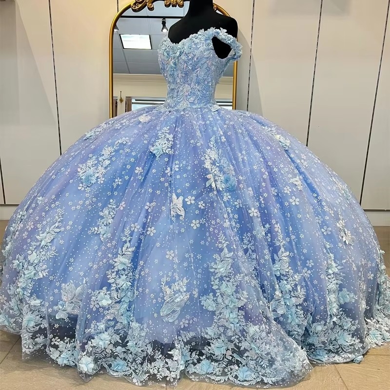 Sky Blue Quinceanera Dresses Off The Shoulder Crystal Sequined Ball Gown Off The Shoulder 3D Flowers Tull Corset Vestidos XV 15 De Anos