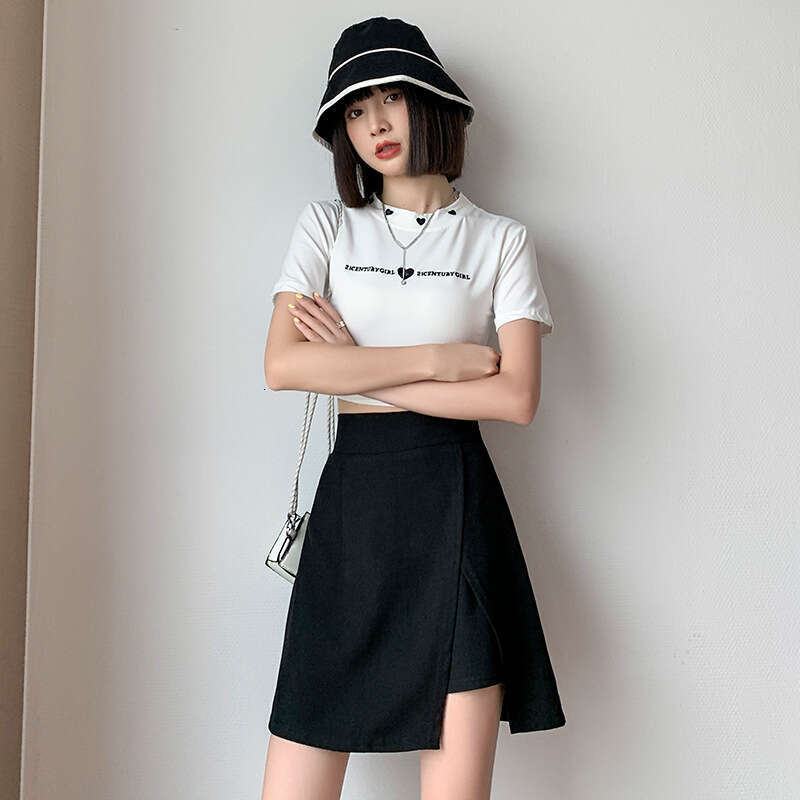 Hip wrap large black A-line high waisted slit summer 2024 new short irregular half skirt for women