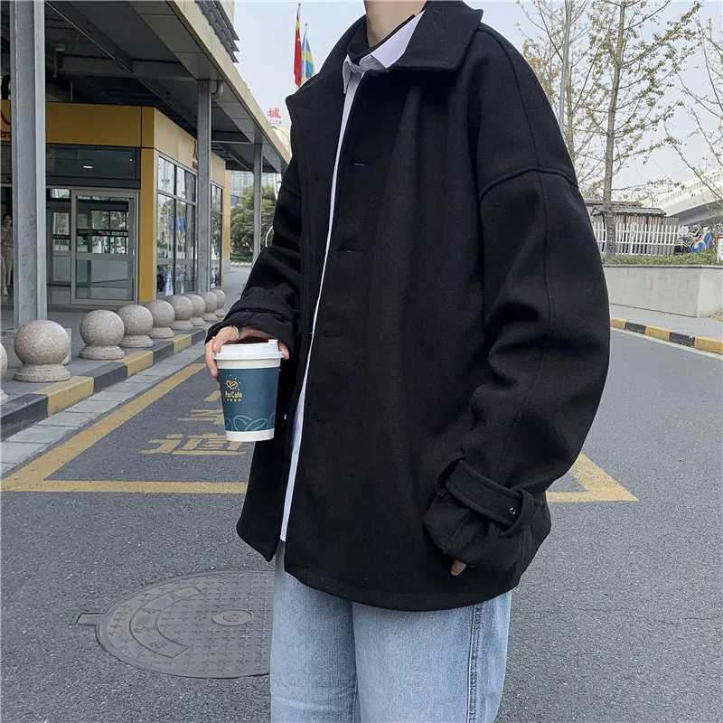 Blends Men Single Breasted Long Sleeve Turn-down Collar Autumn Winter Male Overcoats Korean Style Baggy Harajuku Chic Leisure LX241010