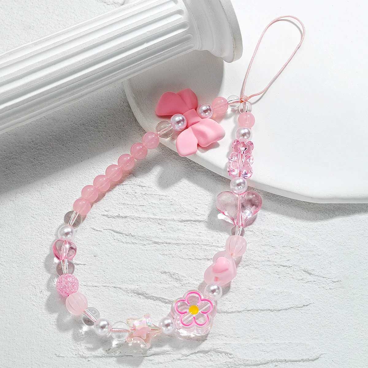 Sweet Girl Pink Love Bow Knot Handmade Beaded Mobile Phone Chain Womens Rope Chain Fashion Casual Durable Jewelry GiftX241010