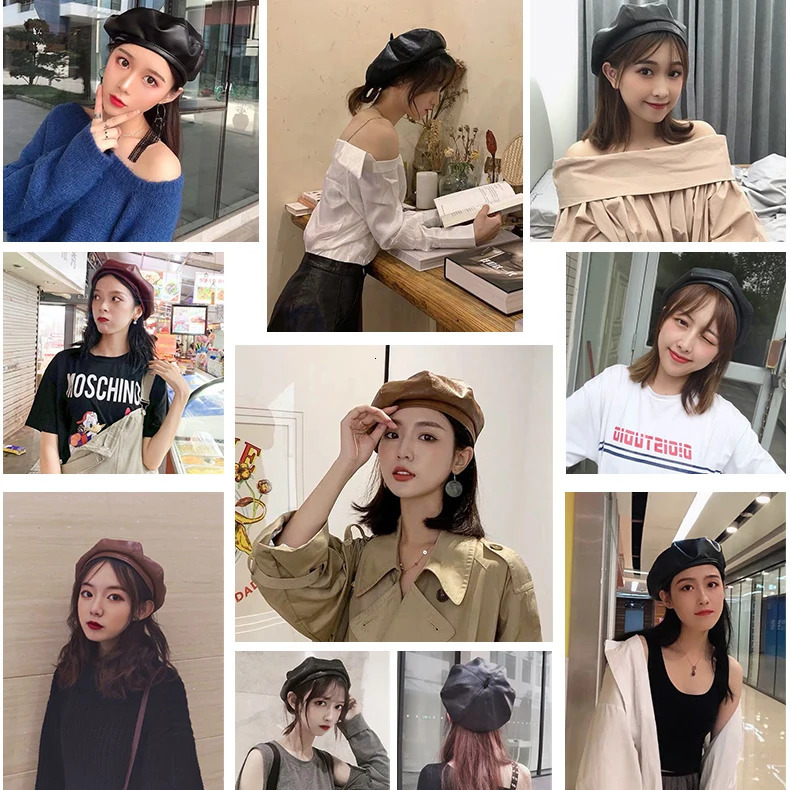 Vintage French Beret Cap for Women Leather Berets Wool Autumn Winter Street Style Plain Cap Wool Warm Girls Beanie Hat Caps 241009