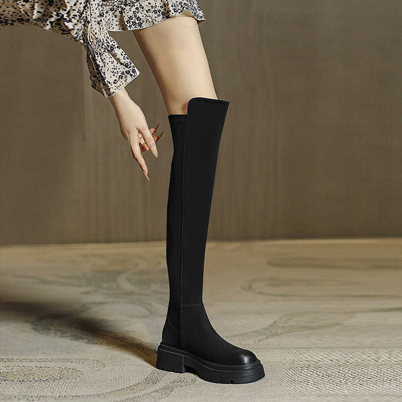 Black Knee High Fashion Boots For Women Shoes Winter Round Toe Thick Sole Thick Heel High Tube Slim Elastic Boots Womens Booties Botas Fashion 240826