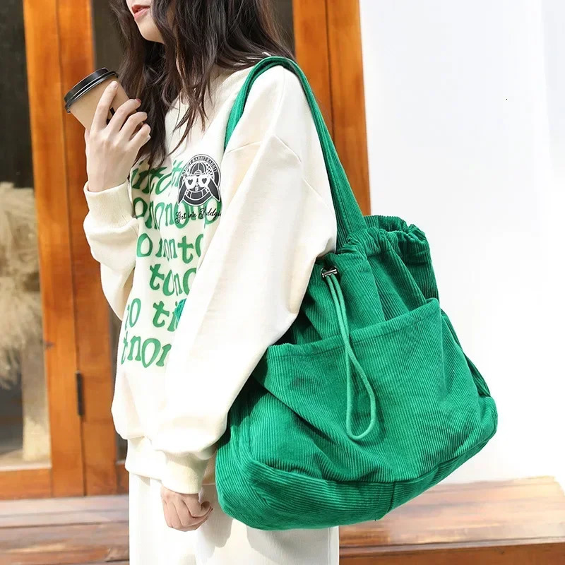 Simple casual handbag Corduroy shoulder bag for teenage students womens large drawstring handbag womens shopping bag 241008