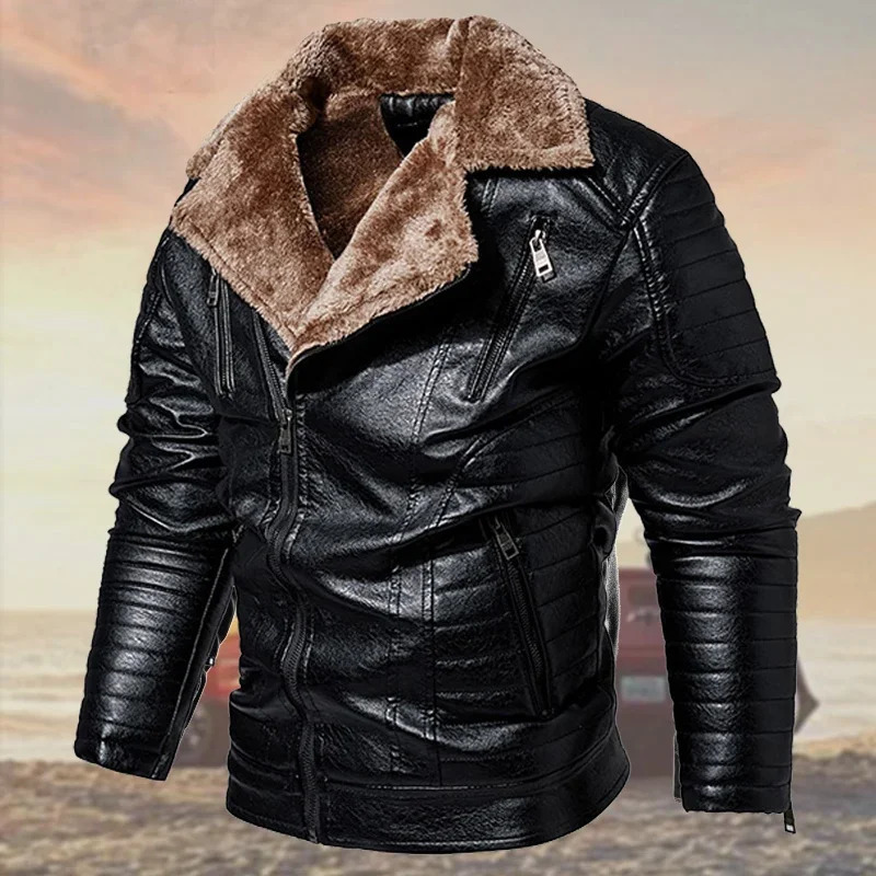winter warm leather jacket for men with thick fur lining fashionable mens motorcycle Parkas coat motorcycle PU jacket jacket plus size 240927