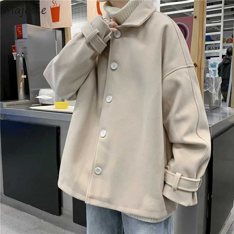 Blends Men Single Breasted Long Sleeve Turn-down Collar Autumn Winter Male Overcoats Korean Style Baggy Harajuku Chic Leisure LX241010