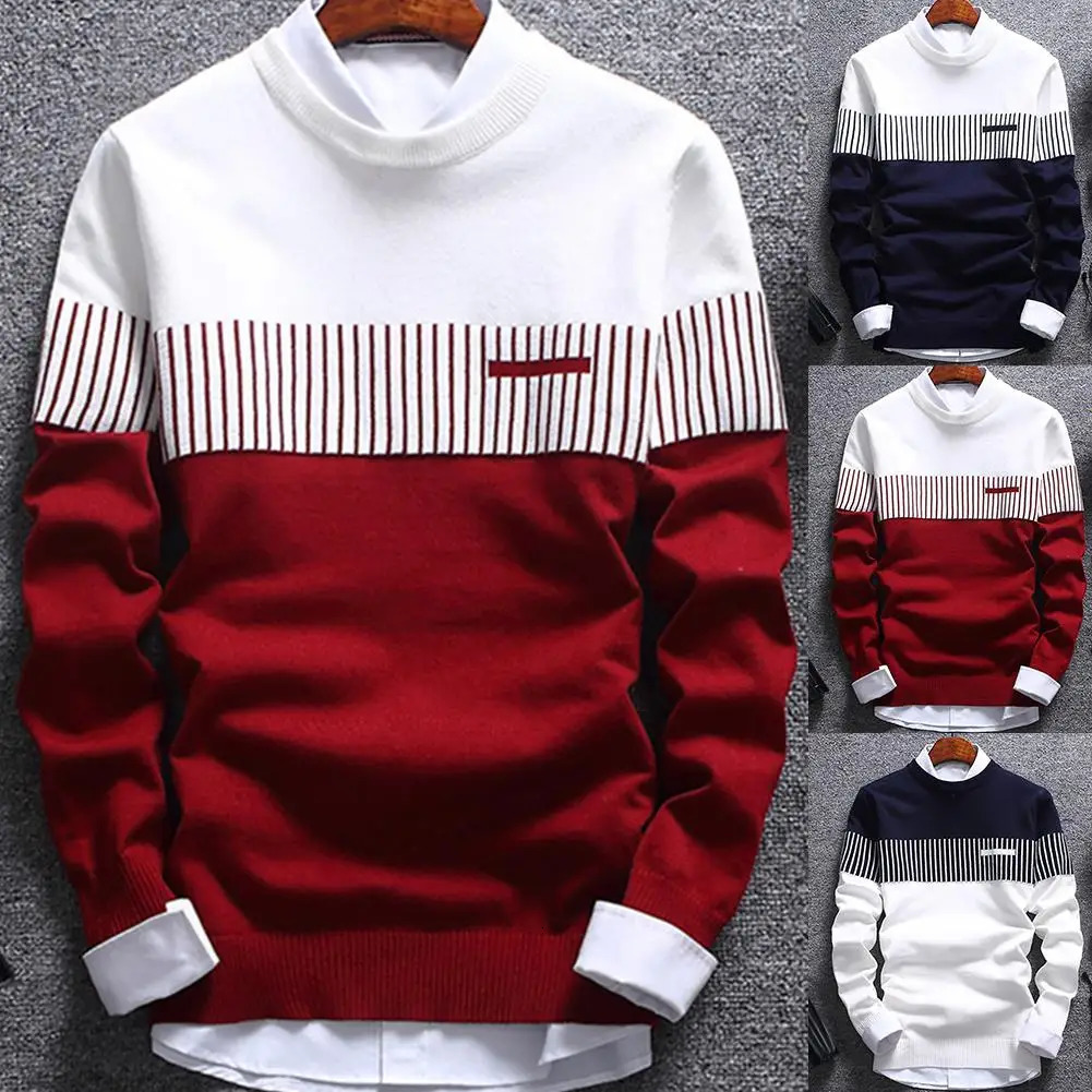 Fashion Men striped Sweater pullover Color Block Patchwork O Neck Long Sleeve Knitted Top Blouse For Warm Mens Clothing 240930