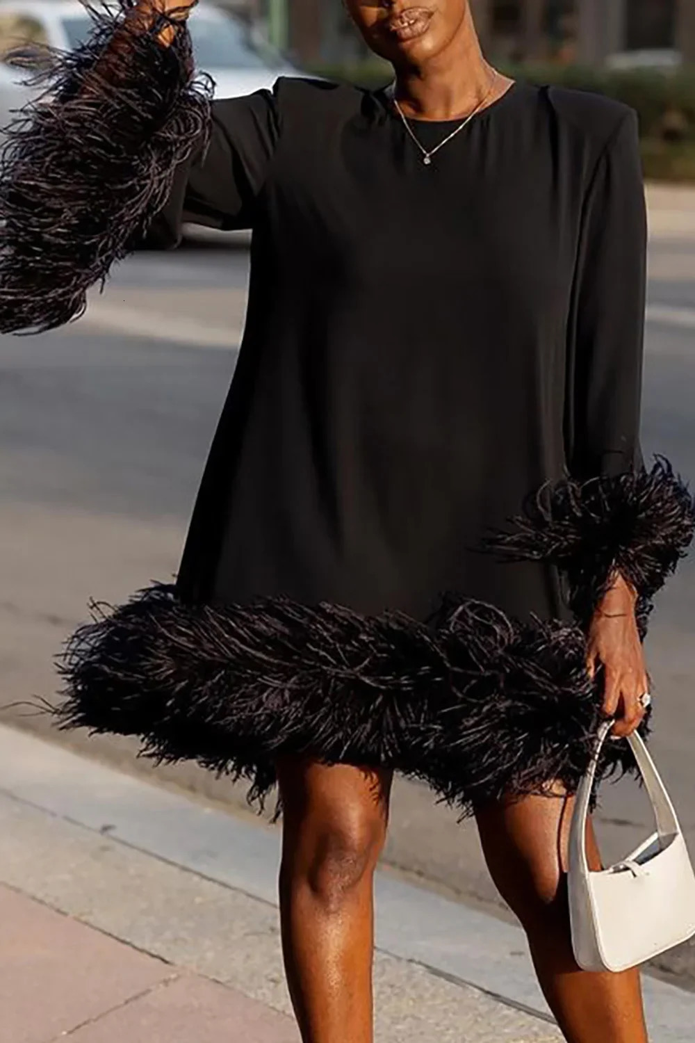 Women Casual Loose Plus Size Round Neck Flare Sleeves Feather Mini Party Dress Spring Autumn Fashion Splicing 241010