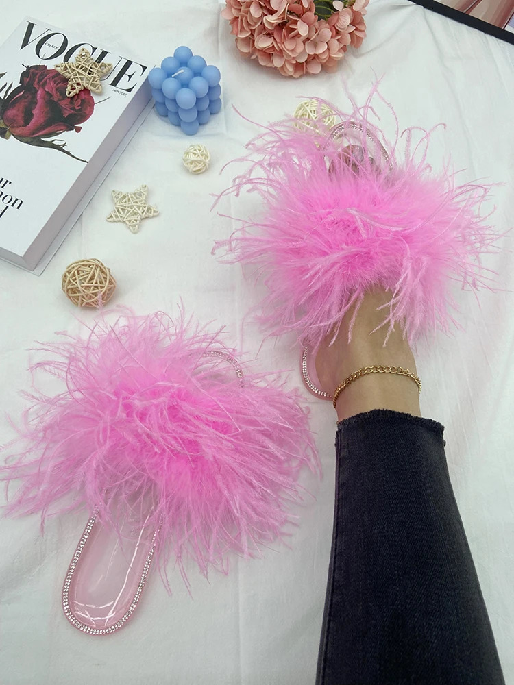 Women Ostrich Feather Slides Summer Natural Fur Fluffy Slippers Crystal Jelly Transparent Sandals Female Indoor Feather Shoes 240927