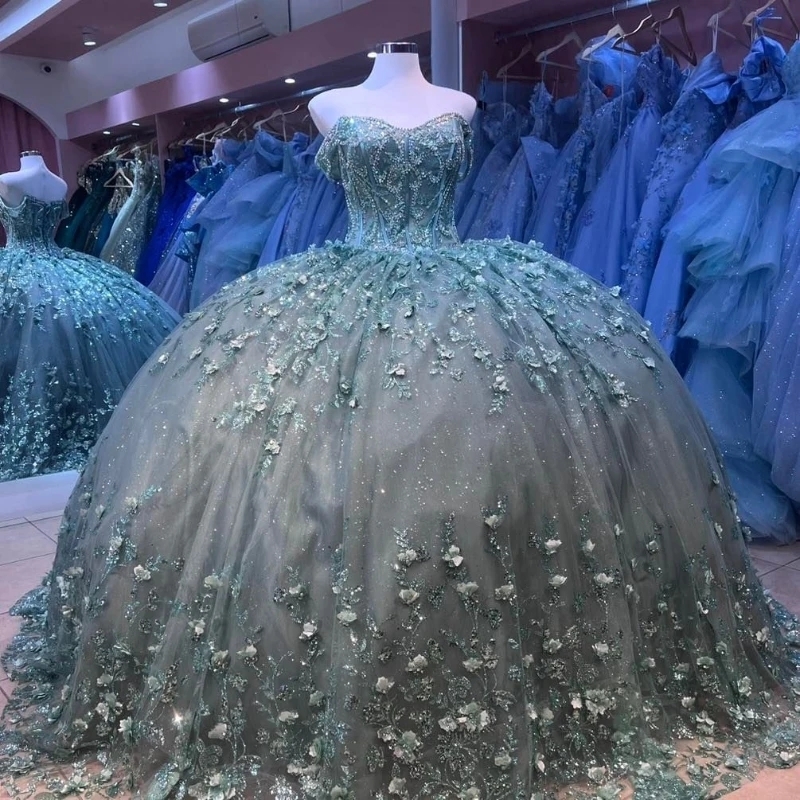 Grayish Green Sweetheart Quinceanera Dresses Princess Ball Gown Sweet 16 Dress Off The Shoulder 3D Floral Sequin Appliques Lace Beads Vestidos De 15 A