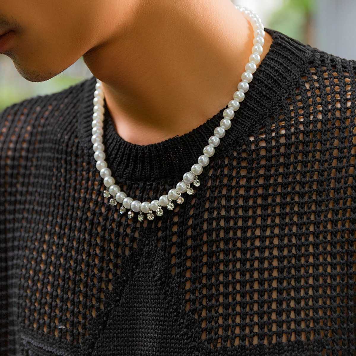 Imitation Pearl Beads with Shiny Rhinestones Choker Necklace for Men Trendy White Beaded Chains Collar 2023 Fashion Neck JewelryX241009