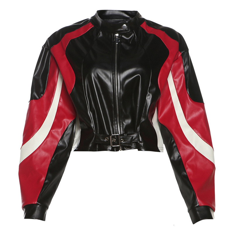 Cross border European and American style 2024 autumn and winter new women's fashion motorcycle collision color slim fit round neck PU leather jac