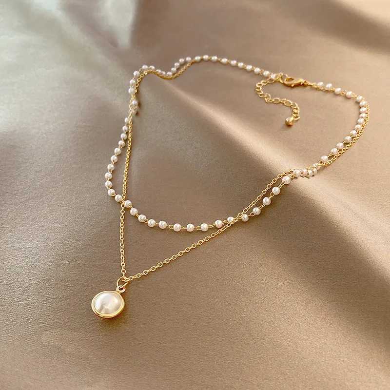 2024 New Womens Pearl Necklace Kpop Gold Color Beads Pendant Necklaces Goth Double Layer Chain Choker for Women Fashion JewelryX241009