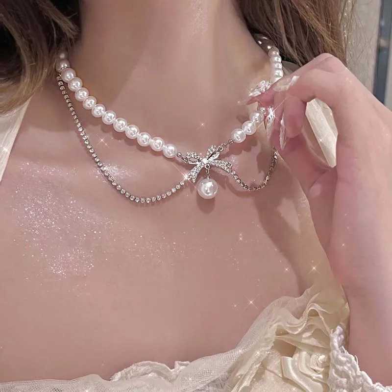 New Fashion Zircon Bowknot Pearl Necklace for Women Shiny Rhinestone Double Layer Chain Necklace Wedding Party Jewelry GiftX241009