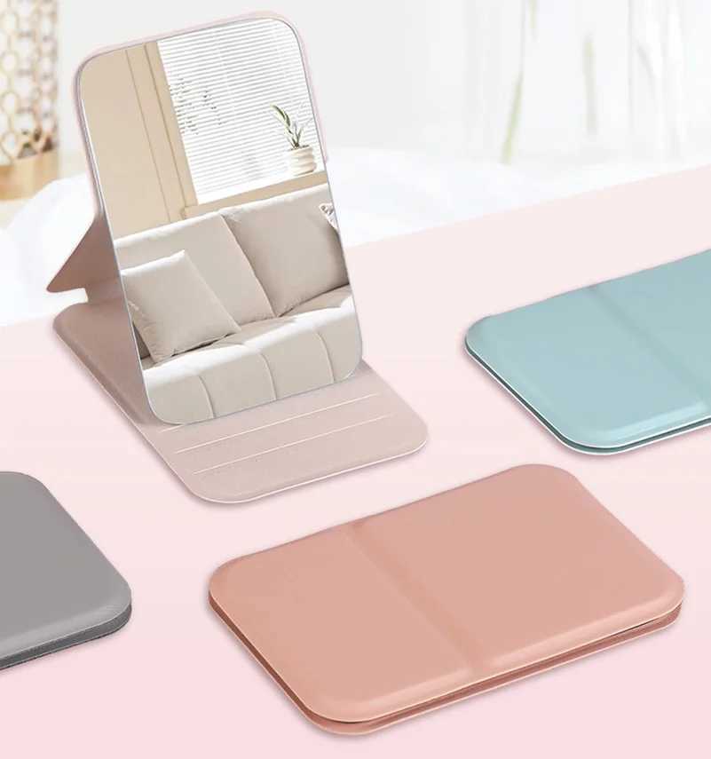 Solid color desktop makeup mirror Pu leather simple portable handheld makeup mirror foldable student compact pocket mirror W240813