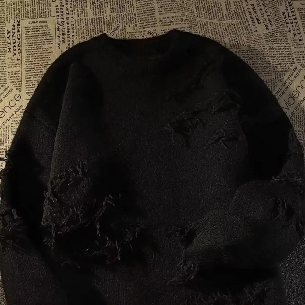 High Street Hip Hop Men Sweater Ripped Round Neck Knitted Irregular Holes Vintage Casual Loose Pullovers 240930