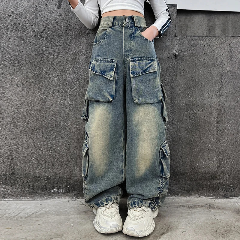 Teenage girl wide leg jeans autumn fashion childrens casual jeans childrens work clothes straight leg bag pants 15Y 241008