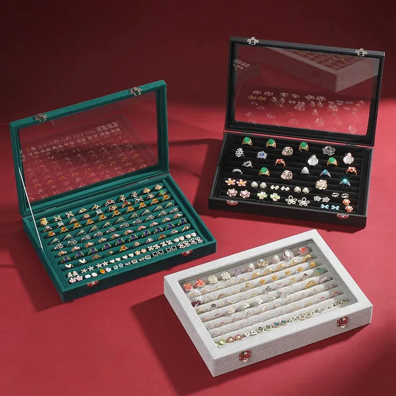 Ring/Earring Manager Tray with Transparent Lid 10 Slot Velvet Drawer Insert into Jewelry Storage Box 240924